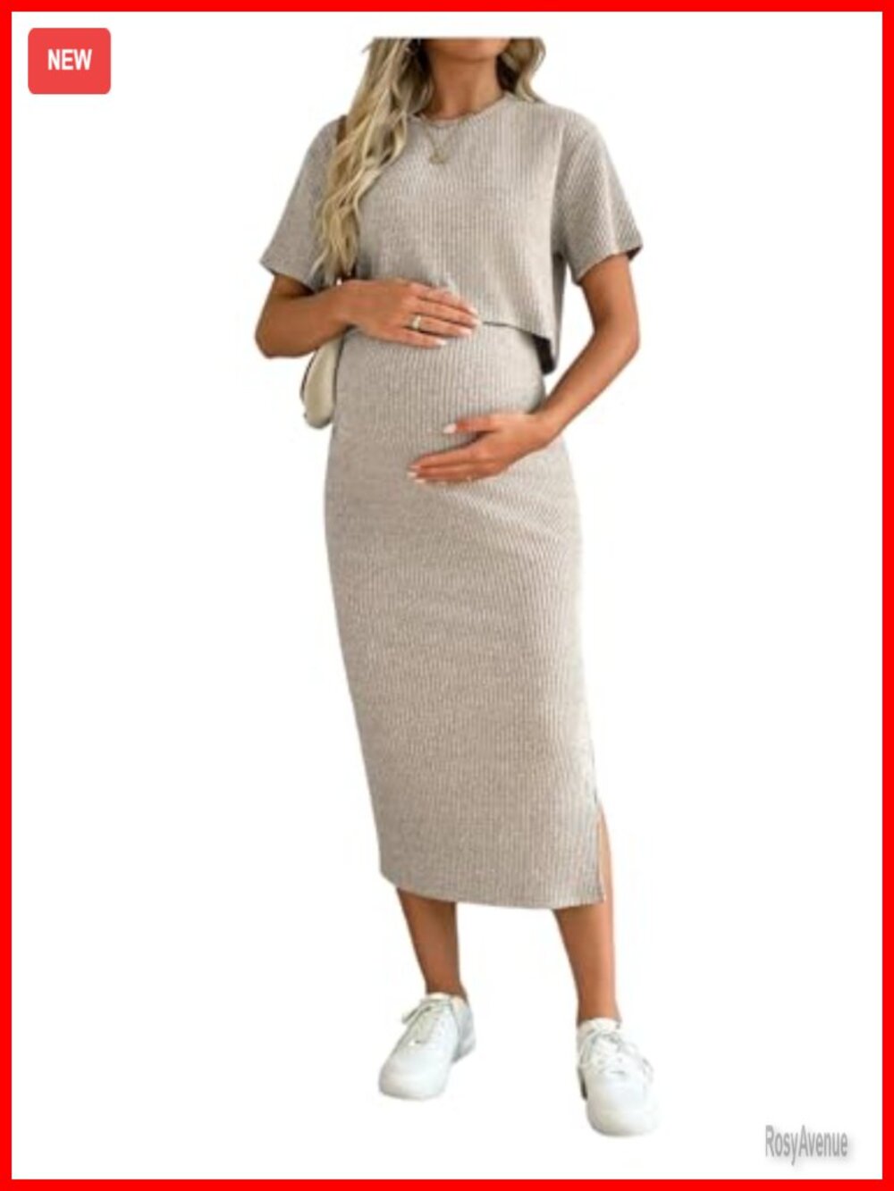 Maternity Ribbed 2 Piece Crop Top Bodycon Midi Skirt Set